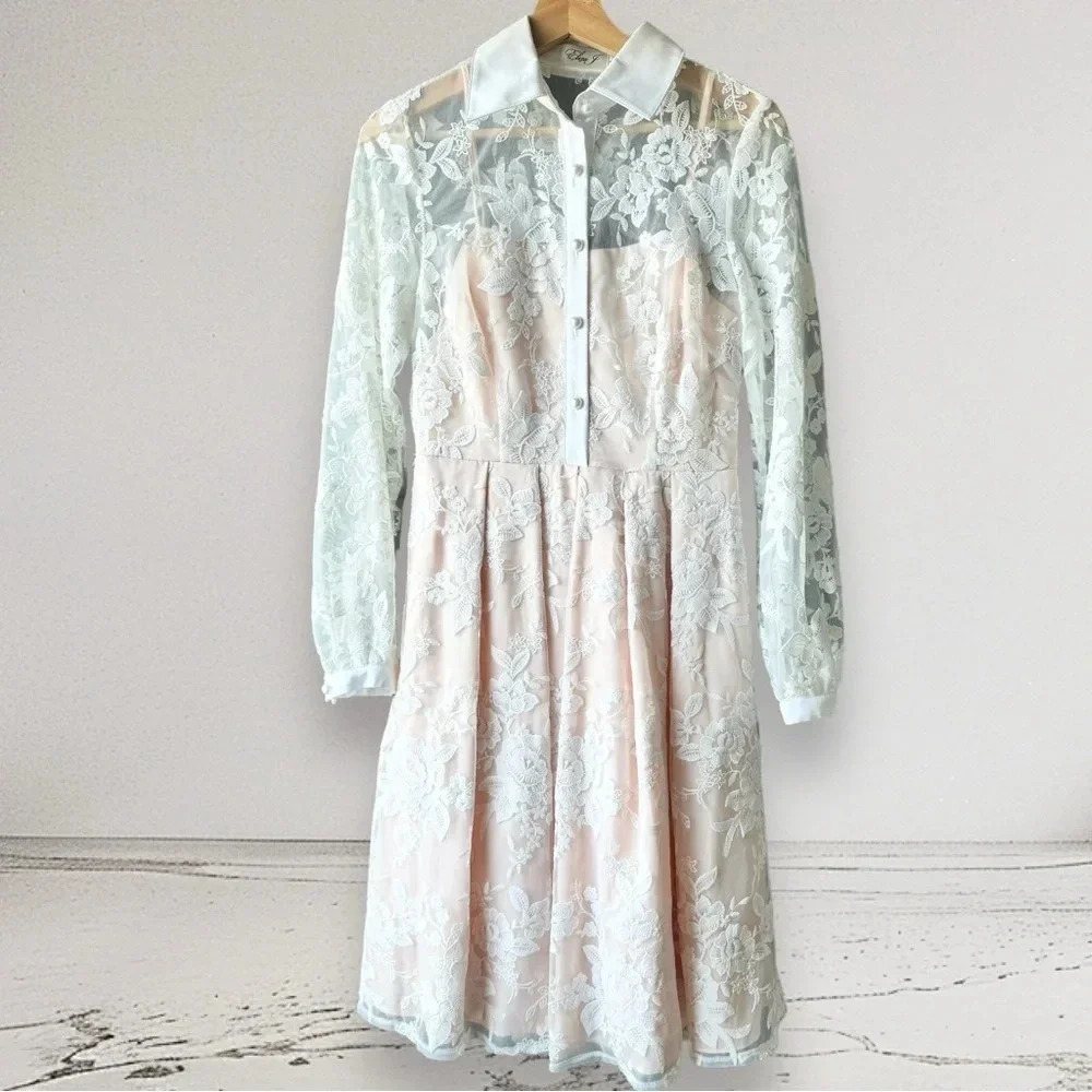 ELIZA J Fit & Flare All Over Floral Lace Dress  in White Size 2